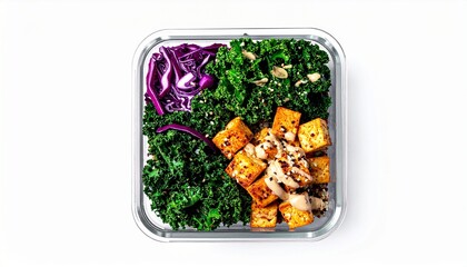 Healthy Tofu Bowl with Kale and Red Cabbage in Glass Container