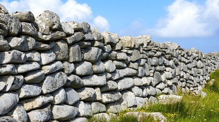 Dry Stone Wall In Green Grassy Field Under Blue Sky