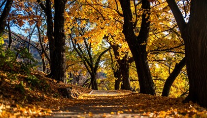 Autumnal path lined with golden trees