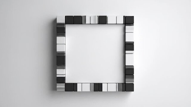 Cubic frame gray, black, and white squares border a plain white interior