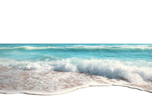 Wide shot of turquoise waves crashing on a sandy beach