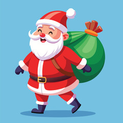 Cheerful Santa Claus Walking with a Big Green Sack full of Christmas Gifts illustration