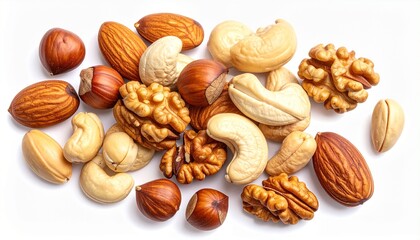 Assortment of healthy mixed nuts including almonds, walnuts, cashews, and hazelnuts isolated on a white background.