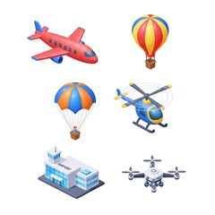 Collection of Three Dimensional Flying Vehicles and Airport Building
