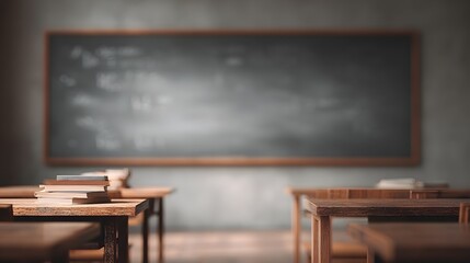 Community classroom with chalkboard still covered in notes, dawn cold light, muted neutral palette
