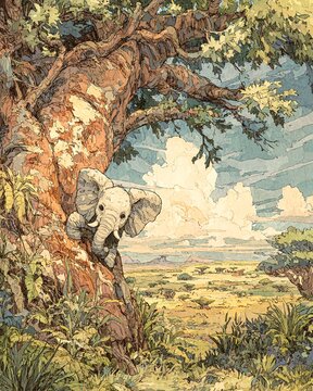 Elephant In African Savannah Landscape A Bold Baby Elephant Peeking From Behind A Massive Baoba