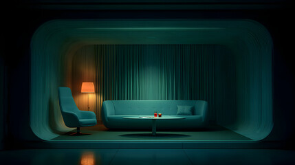 Obraz premium Teal-colored room interior with sofa, armchair, and table.