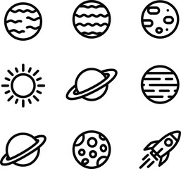 Cosmic Journey Awaits Nine Bold Black and White Space Icons Depicting Planets Sun and a Rocket Ship Launching to Space