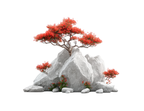 Digital rendering of a rock formation with a vibrant red tree - Powered by Adobe