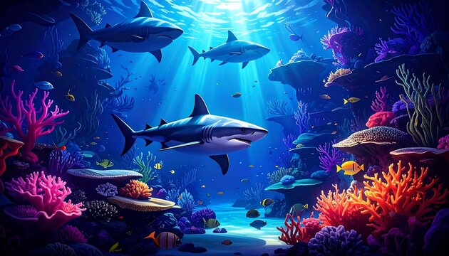 Vibrant underwater coral reef scene with sharks
