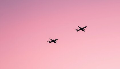 Two airplanes leaving contrail trails across a clear pink and purple evening sky, symbolic of long-distance journeys 2