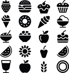 Delicious Treats and Wholesome Food Collection Featuring Sweet Desserts Savory Snacks and Fresh Fruits Depicted as Black Silhouette Icons