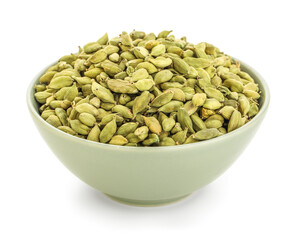 Bowl with cardamom spice on white background