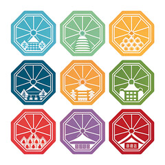 Collection of Sunset Back Building set icon silhouettes set different colour white background	