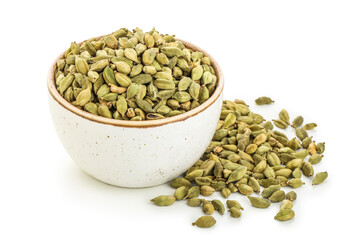 Bowl with cardamom spice on white background
