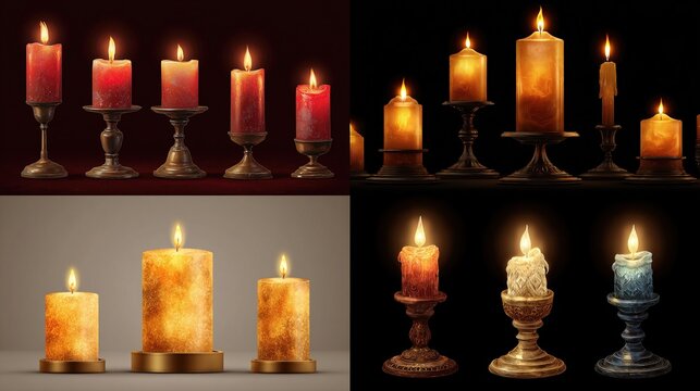 Assortment of glowing candles in holders, in reds, golds, and blues, with dark backgrounds