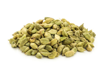 Pile of cardamom spice on white background