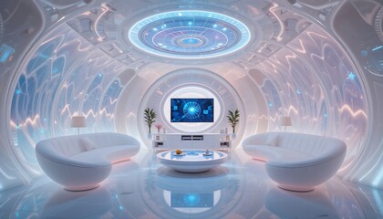 A zero-gravity inspired futuristic lounge,featuring soft,glowing chamber with transparent floor sections revealing a distant,swirling galactic vista and subtle light trails defining movement paths.