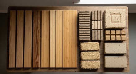 Eco-friendly construction materials such as bamboo panels, recycled wood planks, compressed earth blocks, straw bales, and hempcrete bricks.