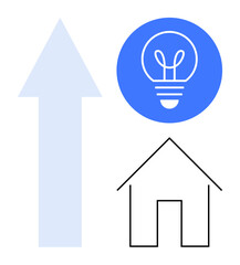 Upward arrow, blue lightbulb circle, and house outline emphasize growth, creativity, energy efficiency. Ideal for business goals, innovation, real estate, energy progress sustainability simple