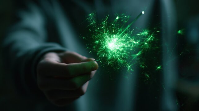 Close-up of Hand Holding Green Sparkler in Dim Light for St. Patrick's Day Celebration