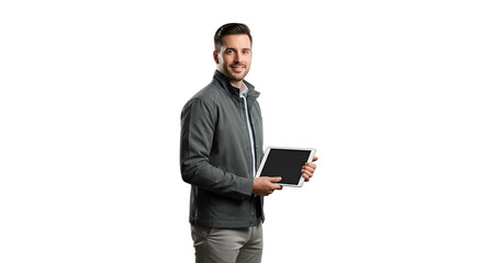 Young man smiling confidently, holding a digital tablet showcasing modern technology for business presentations, e-learning, app promotion, or IT solutions,