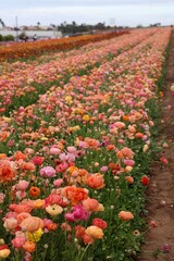 Colorful ranunculus flowers bloom in a vibrant field during springtime, showcasing a beautiful landscape