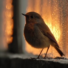 Naklejka premium A small bird perches on a frosted sill against a glowing sunset background, symbolizing fragility, resilience, and fleeting beauty.