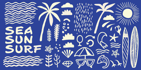 Whimsical hand drawn summer beach elements featuring sea sun surf text palm trees and surfboards
