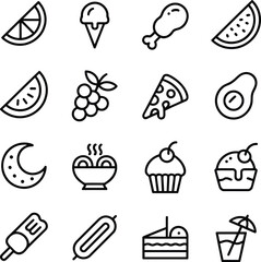Assorted Food Icons Featuring Fruits, Desserts, Snacks, and Culinary Dishes Represented in a Simple Black and White Line Art Style
