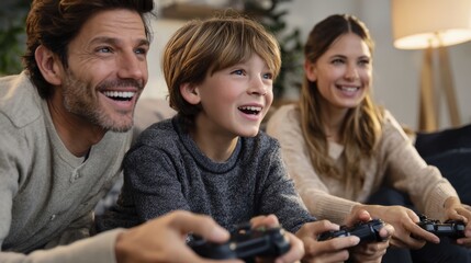 Happy family playing video games together at home, enjoying quality time and shared entertainment.