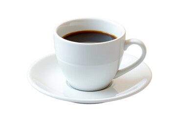 Close-up of a white ceramic coffee cup filled with black coffee on a matching saucer, isolated on a plain white background for morning beverage enjoyment