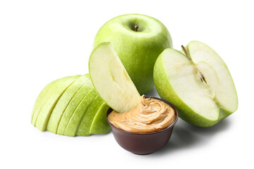 Fresh apples and bowl of sweet peanut butter on white background