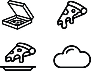 Whimsical Pizza Iconography Set A Line Art Exploration of Comfort Food with a Playful Cloud Element in Black and White
