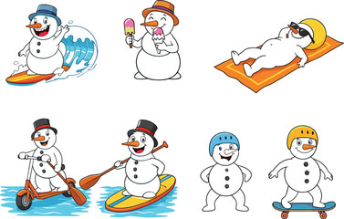 Cartoon snowmen doing summer sports, surfing, relaxing, eating ice cream, skateboarding, paddleboarding, fun vacation character illustrations, playful design