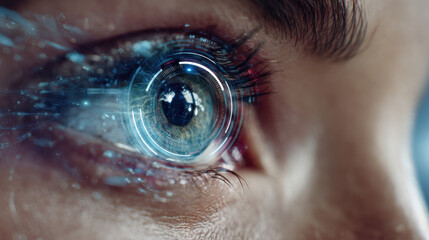 Close up of human eye with futuristic digital interface overlay, showcasing advanced technology and innovation. eye reflects sense of curiosity and wonder about future