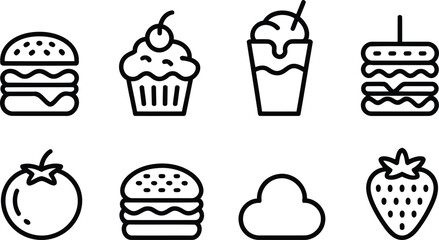Delicious Food Icons Showcase Variety of Culinary Delights From Juicy Burgers to Sweet Treats Like Cupcakes and Refreshing Milkshakes