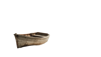 A weathered wooden rowboat against a black background