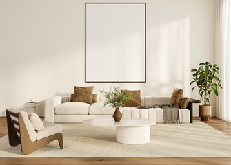 Bright Living Room with Sofa, Coffee Table, Indoor Plant and Large Vertical Blank Picture Frame