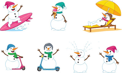 Cute cartoon snowmen enjoying summer activities, surfing, ice cream, scooter riding, sunbathing, happy snowman illustrations for fun seasonal design
