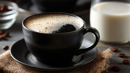 Steaming cup of coffee sits on dark wooden table, surrounded by coffee beans and glass of milk. rich, frothy surface of coffee invites warmth and comfort, perfect for cozy moment