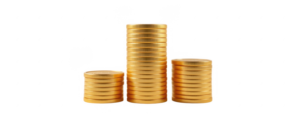 Stack of shiny golden coins arranged in increasing height with reflective surface isolated on white background perfect for finance and wealth concepts