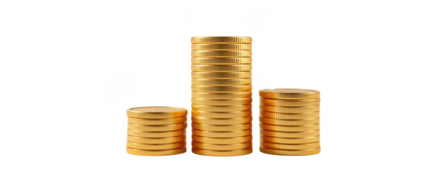 Stack of shiny golden coins arranged in increasing height with reflective surface isolated on white background perfect for finance and wealth concepts