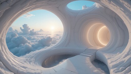 A futuristic sanctuary with continuous, wispy curved walls that mimic the texture of clouds,offering panoramic views of an endless sky and soft light sources that emulate the sun's gentle rays