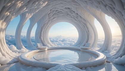 A futuristic sanctuary with continuous, wispy curved walls that mimic the texture of clouds,offering panoramic views of an endless sky and soft light sources that emulate the sun's gentle rays