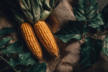 Two corn cobs lie on burlap, surrounded by leaves