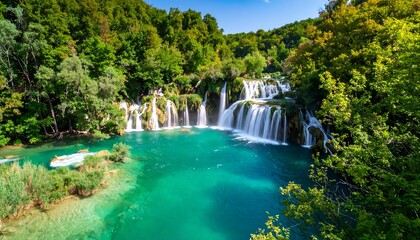 Naklejka premium Stunning Waterfalls Cascading into a Turquoise Lake