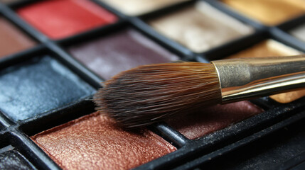 Close up view of makeup brush resting colorful eyeshadow palette, showcasing various shades of brown, gold, and black. image captures artistry and creativity involved makeup application