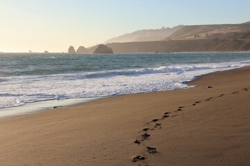 Waves gently crashing on a sandy shore with footprints leading to the water in a tranquil coastal landscape during sunset