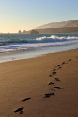 Footprints on the sandy beach at sunset with gentle waves lapping the shore in a tranquil coastal landscape